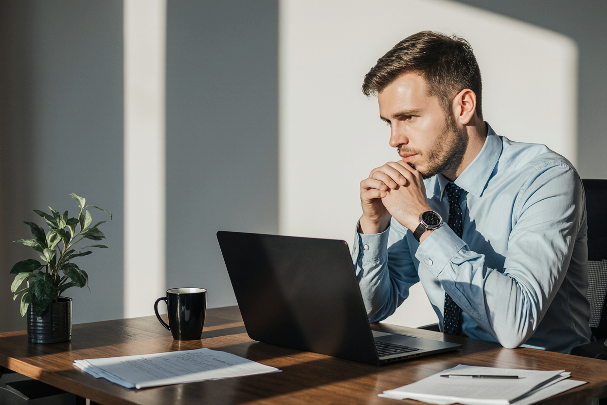 An application investor is looking for a suitable startup for investments on special platforms, sitting at his desk in the office. An application investor is looking for a suitable startup for investments on special platforms, sitting at his desk in the office.