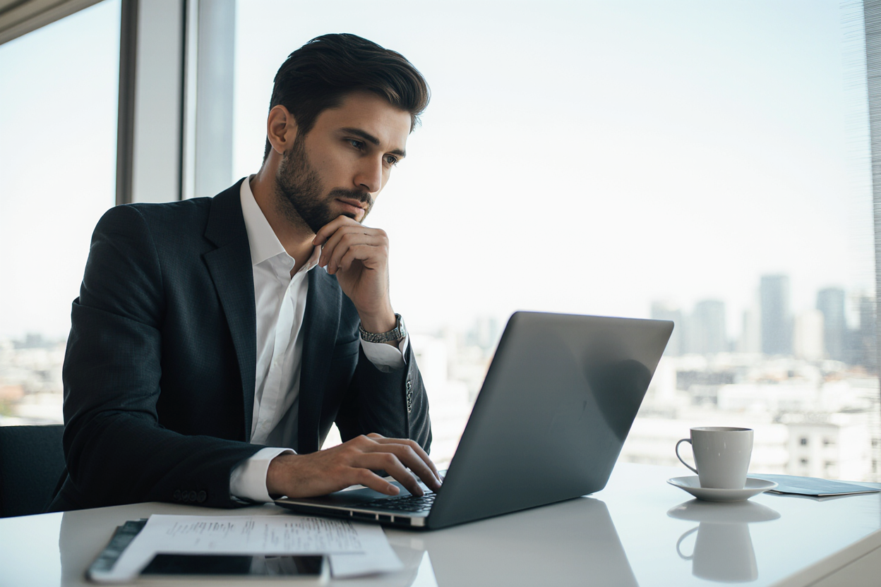 A male investor studies the market for future investment apps on a laptop screen, sitting in a bright office against the background of a window. A male investor studies the market for future investment apps on a laptop screen, sitting in a bright office against the background of a window.