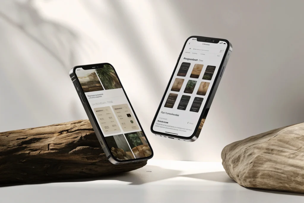 Two modern smartphones floating above a wooden surface, each showing app interface mockups.
